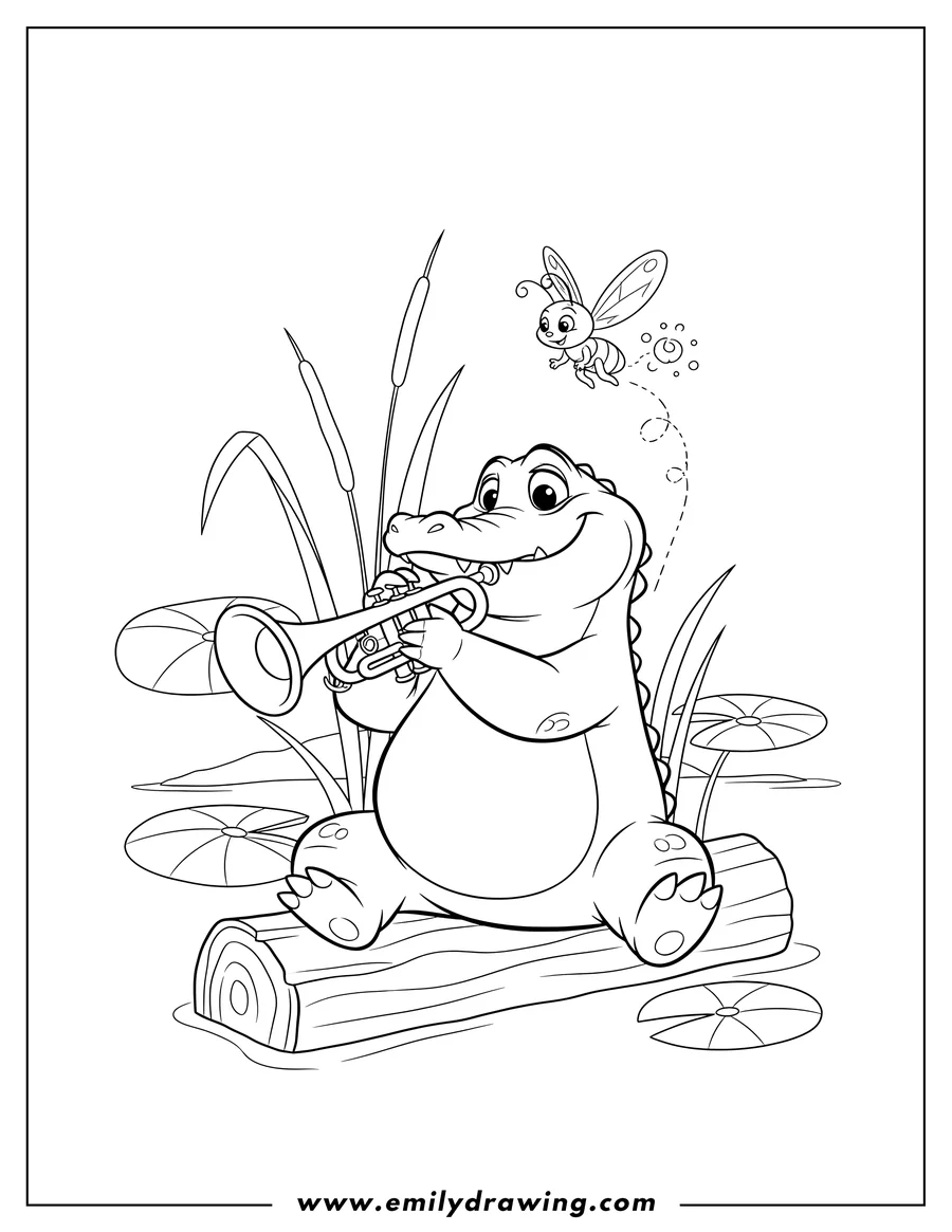 Simple sketch of louis the alligator sitting and playing trumpet, with Ray the firefly flying to color