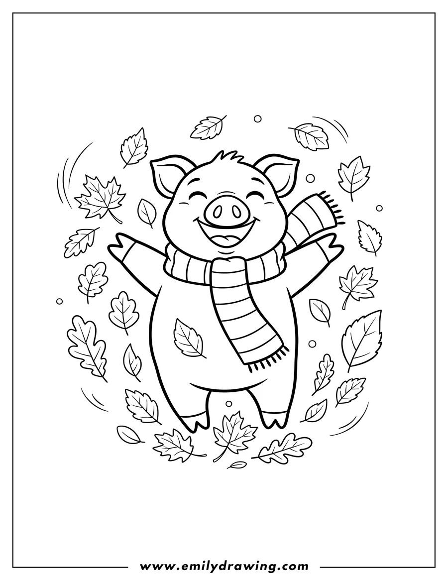 Free to print drawing of lovely pig wearing a striped scarf, smiling with outstretched arms, throwing fall leaves