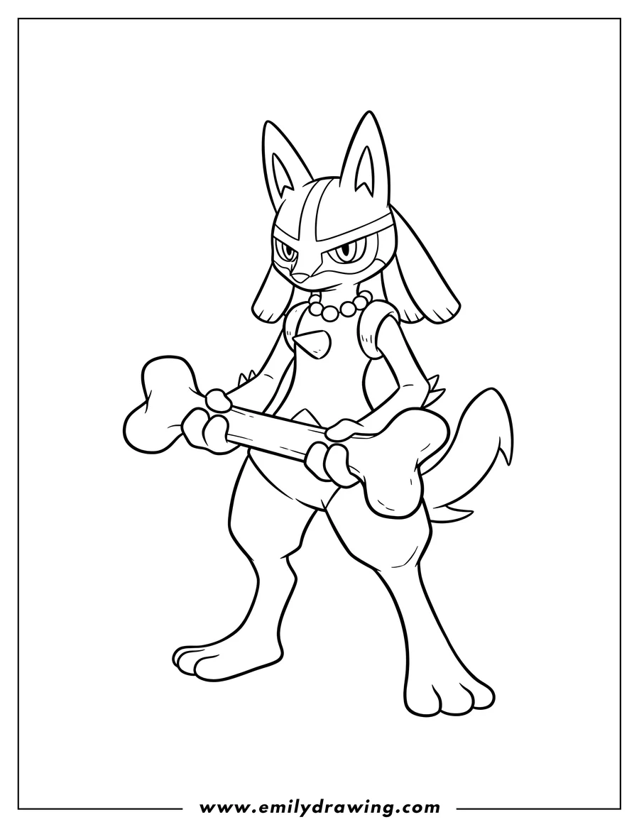 Printable line art of easy Outline Lucario standing, holding a bone weapon horizontally with both hands