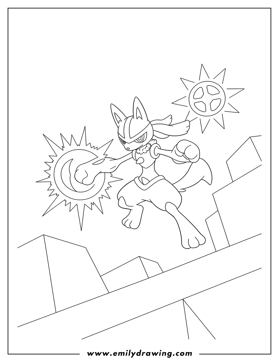 Coloring page of lucario striking an action pose in a video game