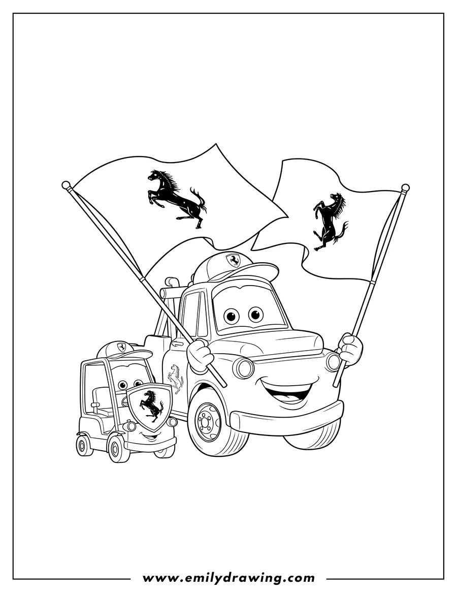 Simple sketch of luigi and Guido proudly displaying Ferrari flags and shields to color