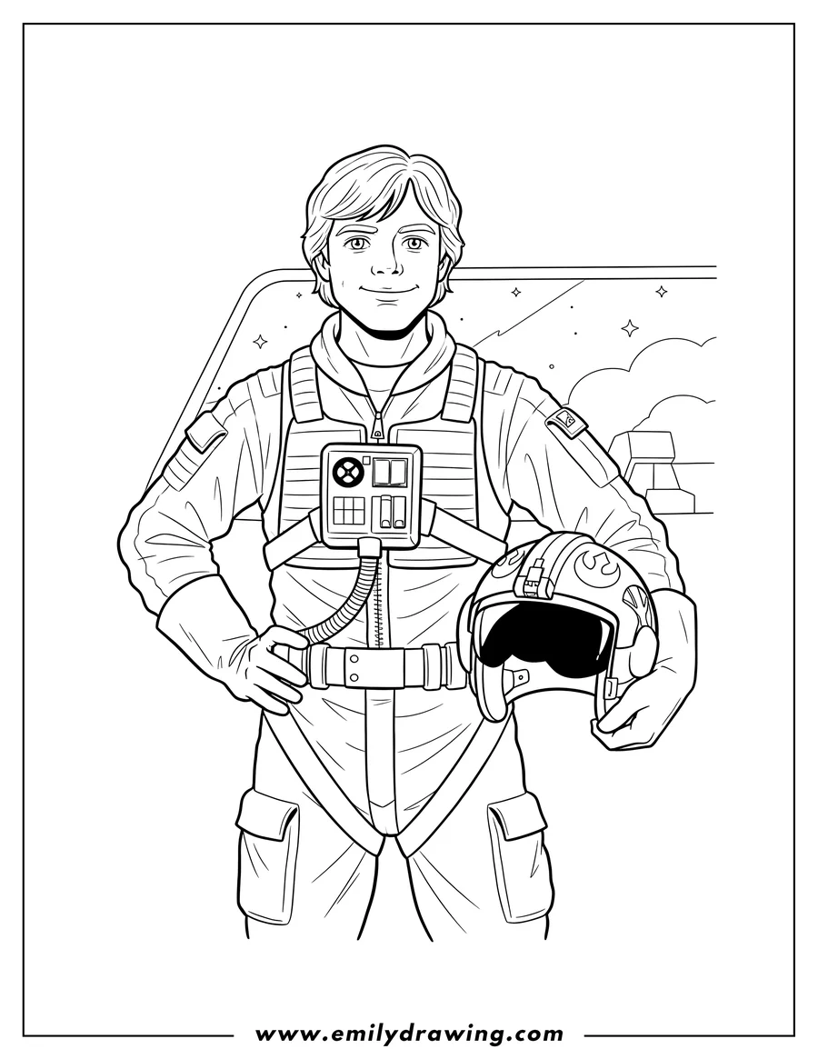 Doodle style coloring picture of luke Skywalker standing in a pilot suit, holding a pilot helmet