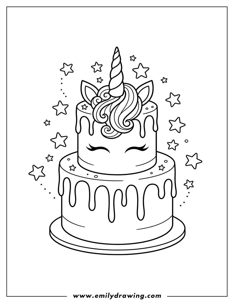 Downloadable coloring page of magical Cute Two-Tiered Unicorn Cake With Stars And Melted Frosting