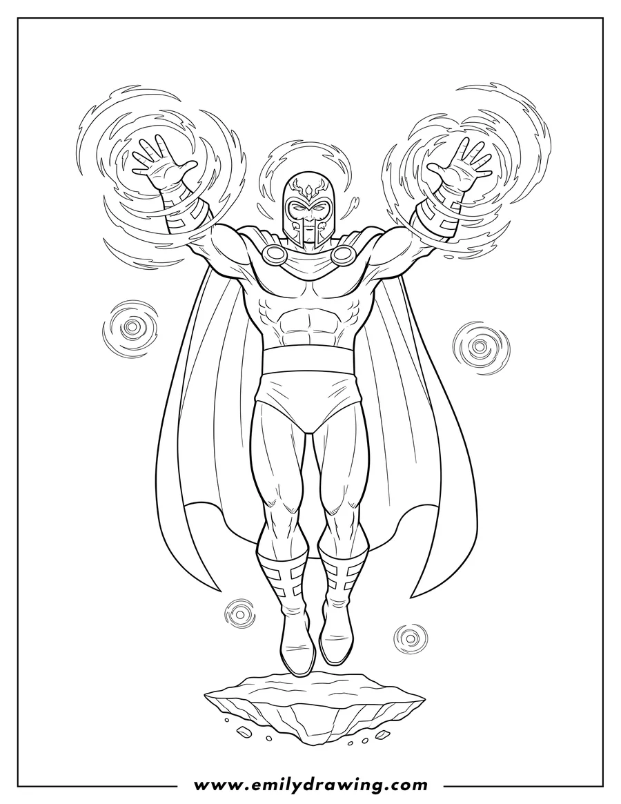 Printable coloring page of magneto Floating Air While Using Powers, with his arms raised