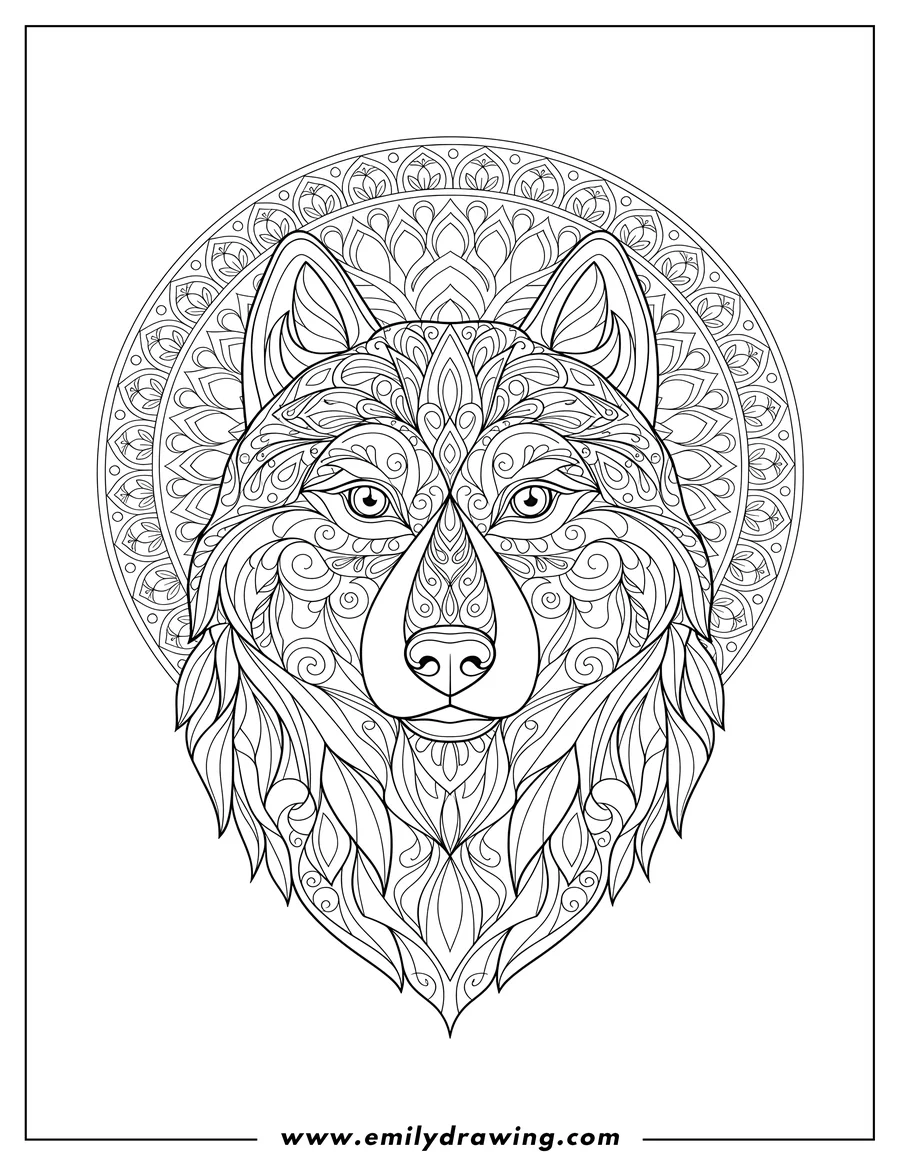 Downloadable coloring page of majestic Husky Mandala Adults coloring page, with intricate patterns covering its head