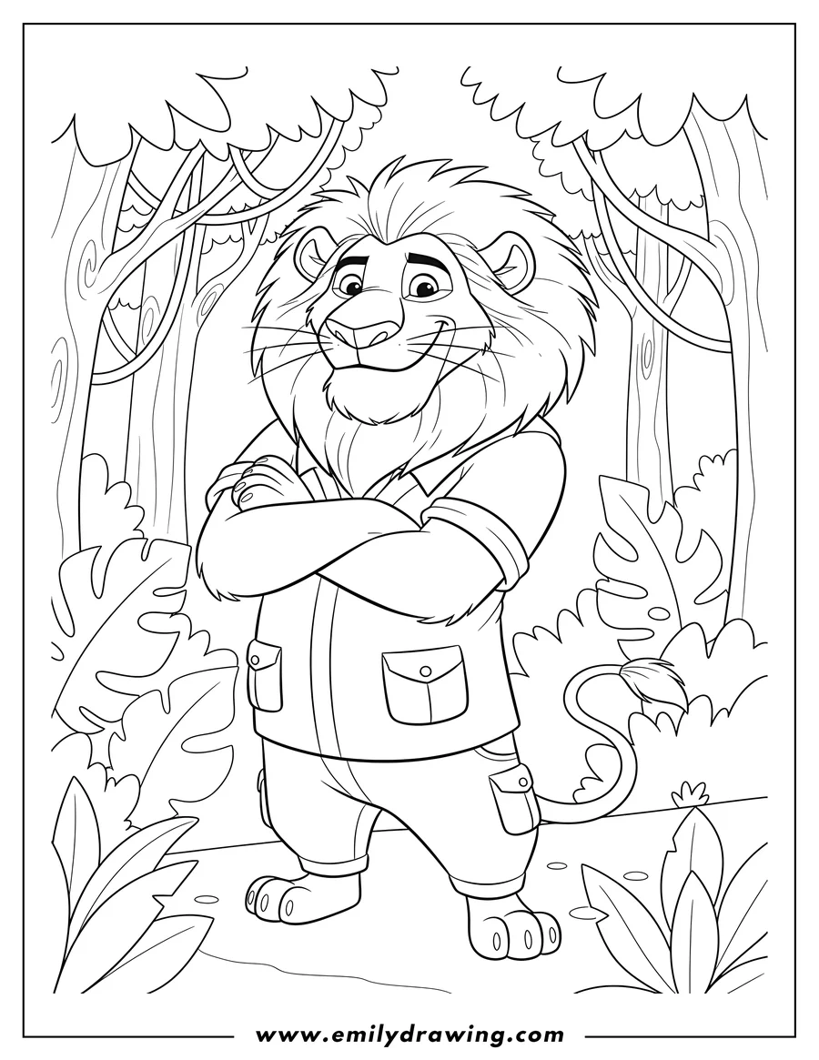Full page coloring image of makunga Forest: A smirking lion with crossed arms