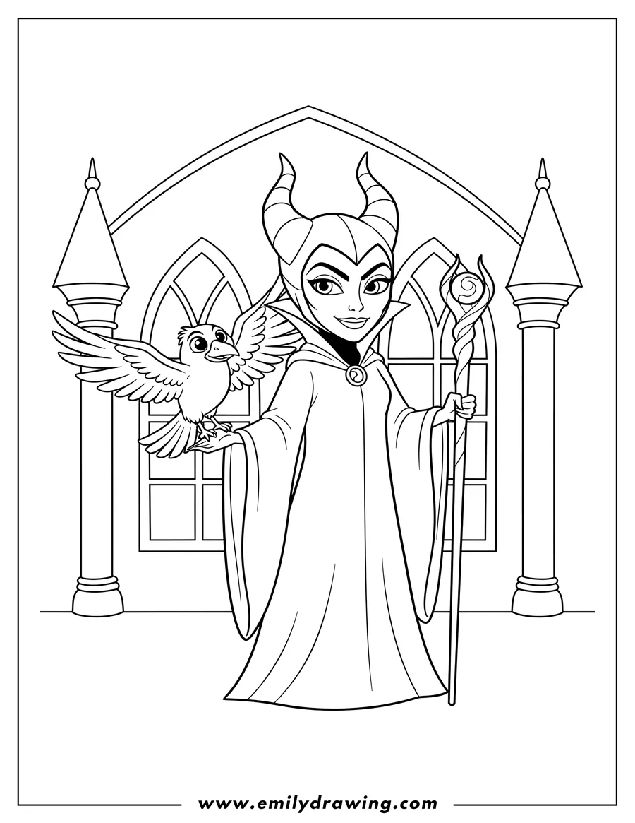 Coloring sheet featuring maleficent holding a staff, with her raven flying beside her, inside a castle