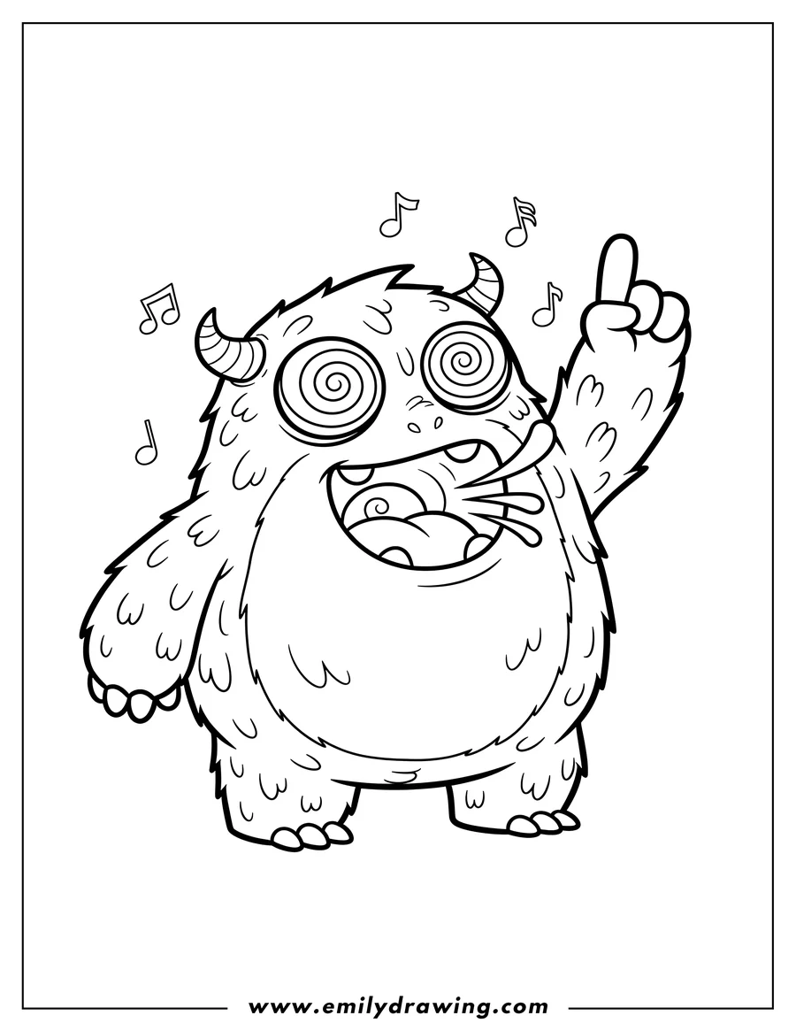 PDF style coloring page: mammott Singing Passionately, with wide-open mouth, swirly eyes, and one finger pointing up