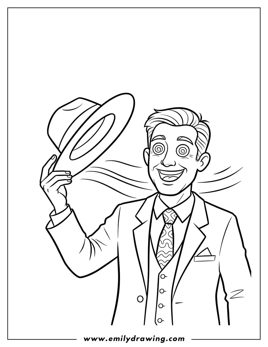 Outline drawing of man in shirt and tie holding a yellow hat, smiling with swirly eyes