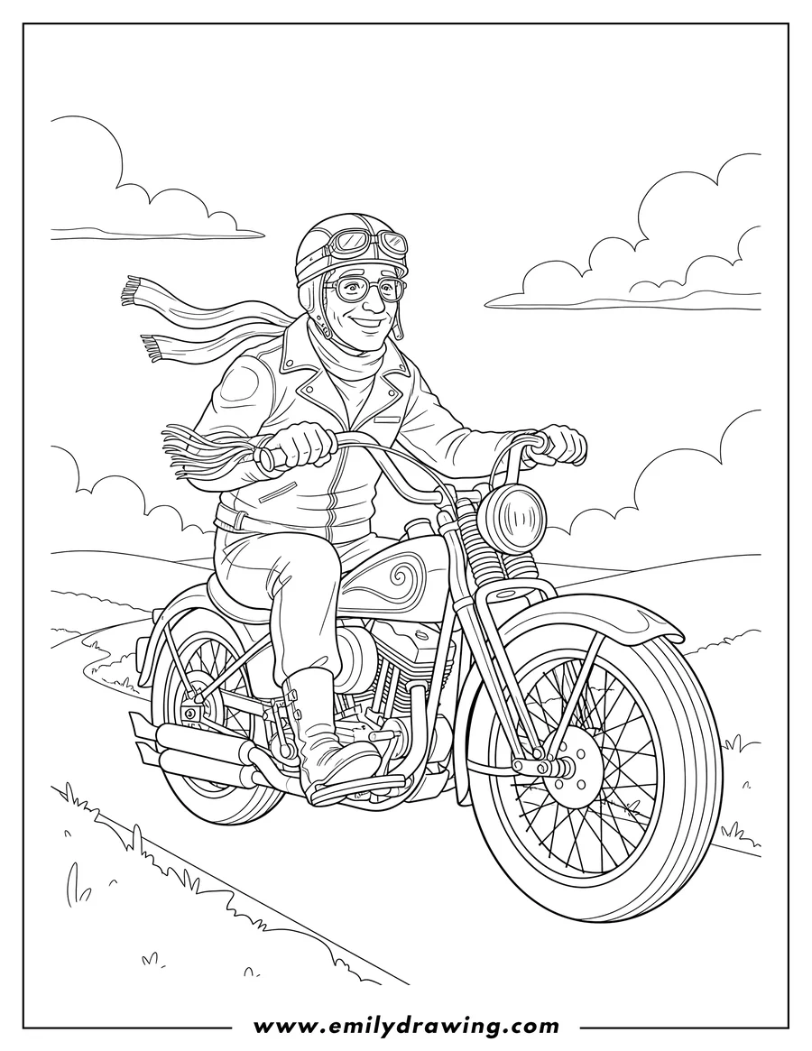 High quality printable man in a helmet and glasses riding a Vintage Harley Davidson Motorcycle for coloring