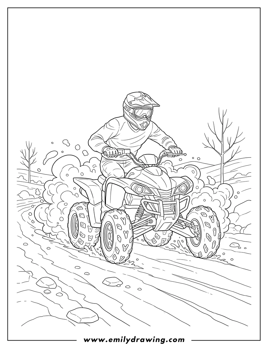 Printable line art of man wearing a helmet and goggles driving an ATV through a dirt road, splashing dirt