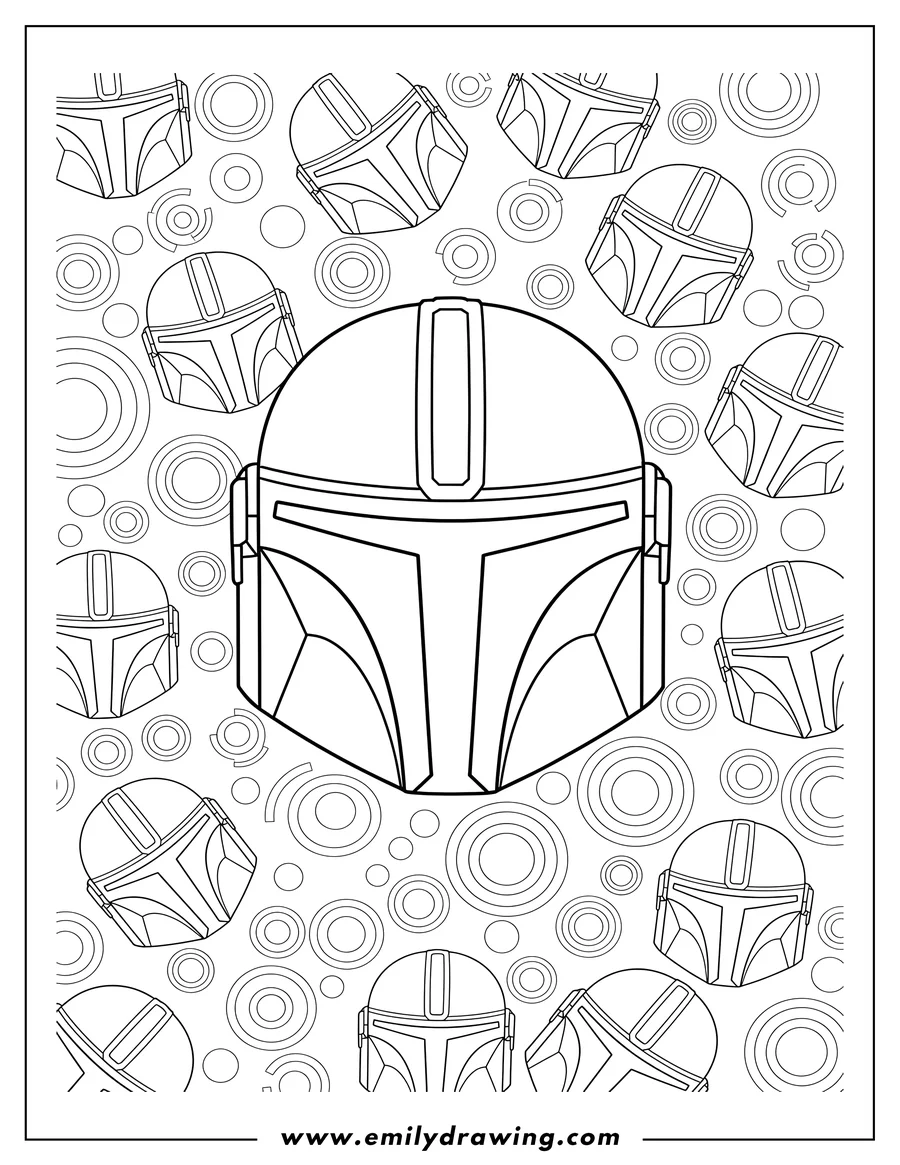 Doodle style coloring picture of mandalorian Helmet coloring page with smaller helmets and circles