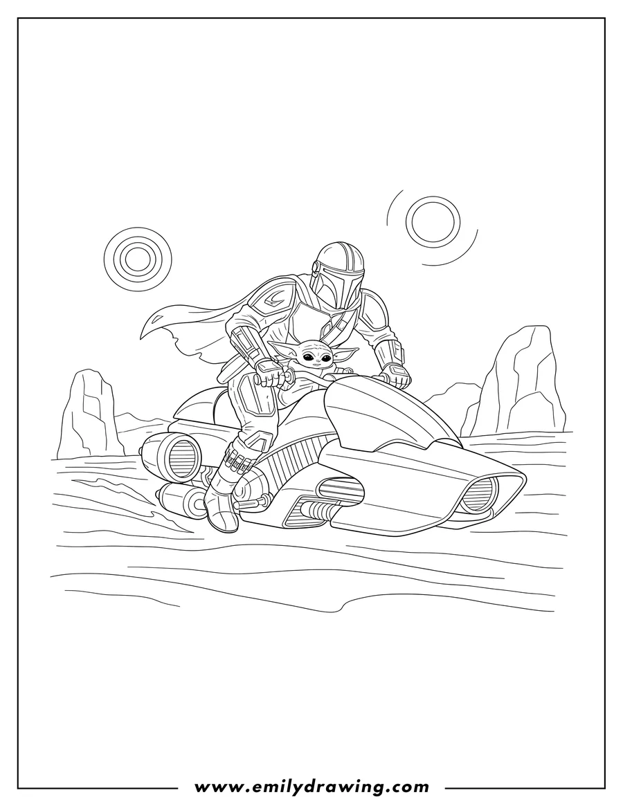 Clean line drawing: mandalorian riding a Speeder Bike with Baby Yoda in a satchel