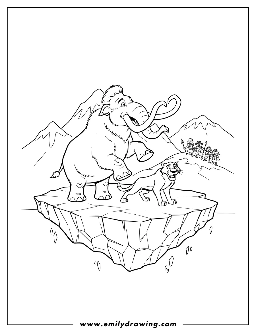 Linear illustration of ice Age characters Manny and Diego on an ice floe, with tribal humans on a snowy mountain