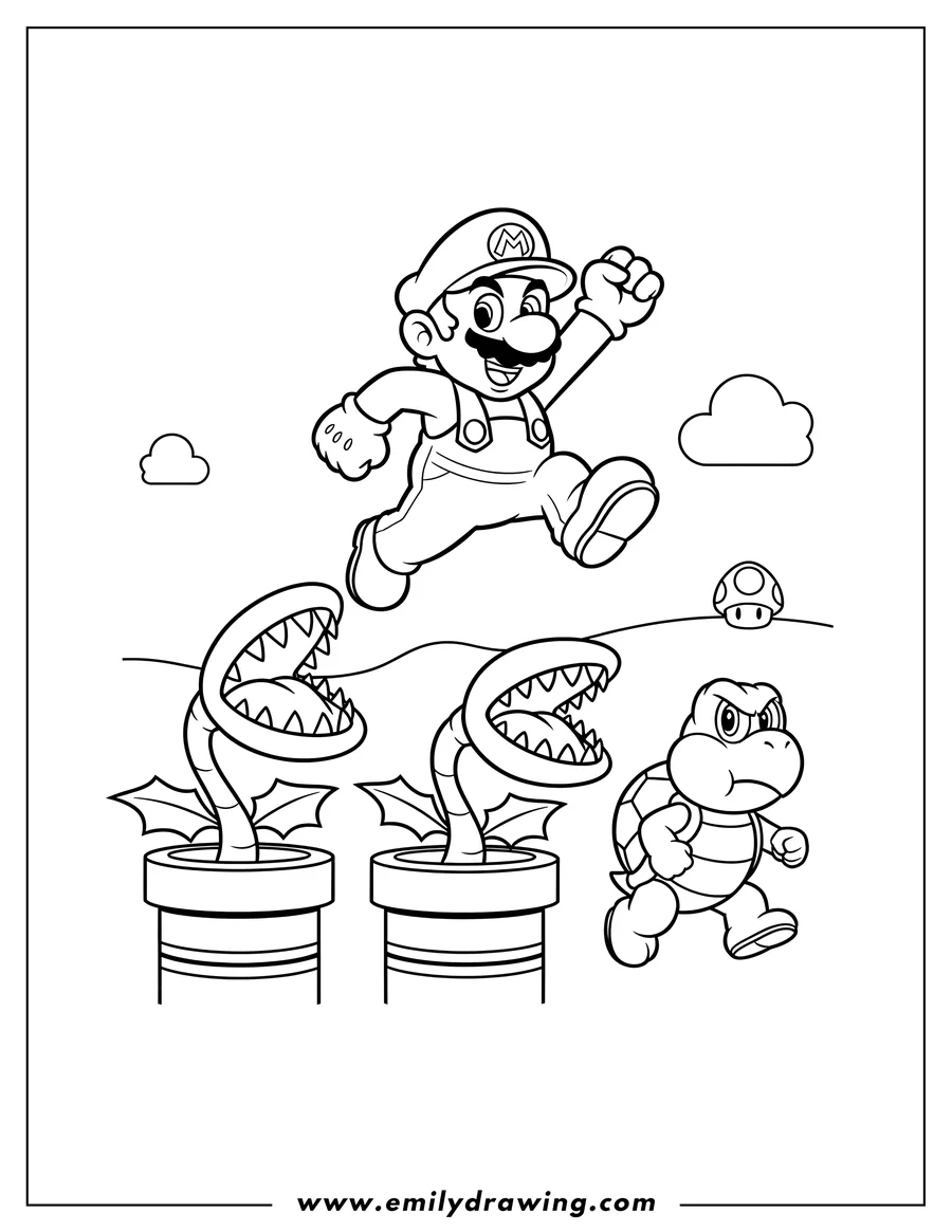 Full page coloring image of mario jumping over Piranha Plants emerging from pipes, with a Koopa Troopa