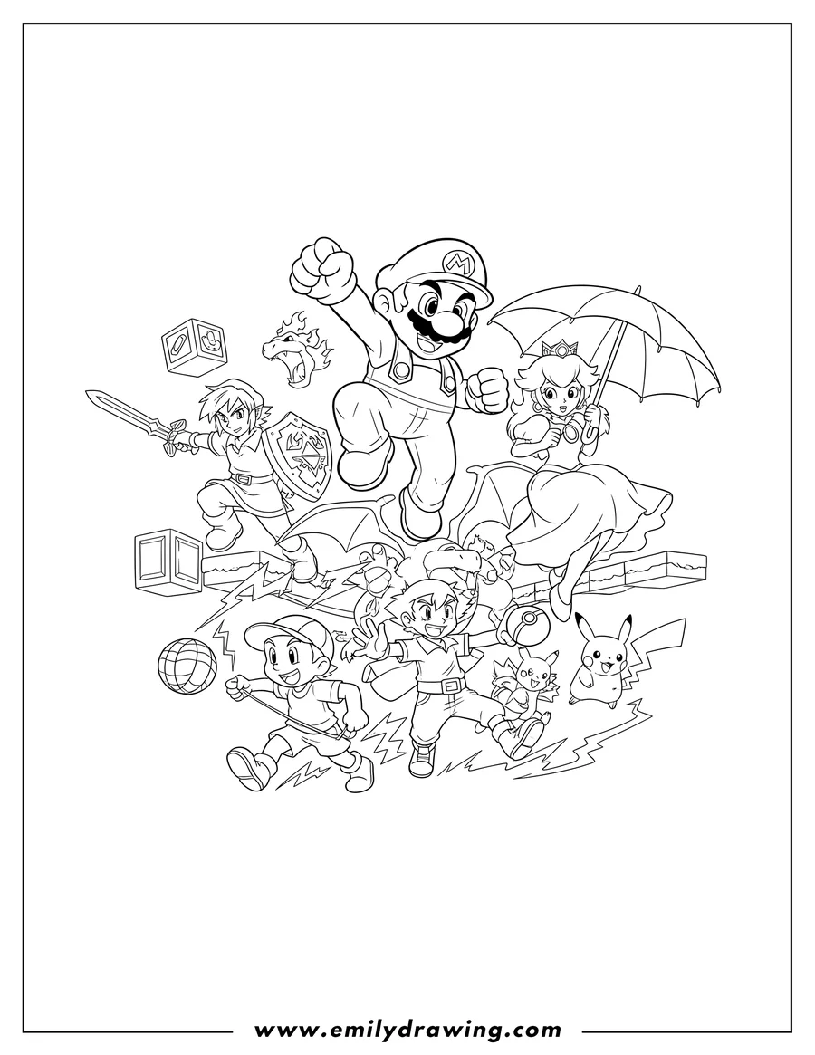 Free printable coloring sheet of mario, Link, Princess Peach with parasol, Ness with his yo-yo, Ash Ketchum with a Pokeball, and various Pokemon like Charizard, in a Super Smash Bros action scene