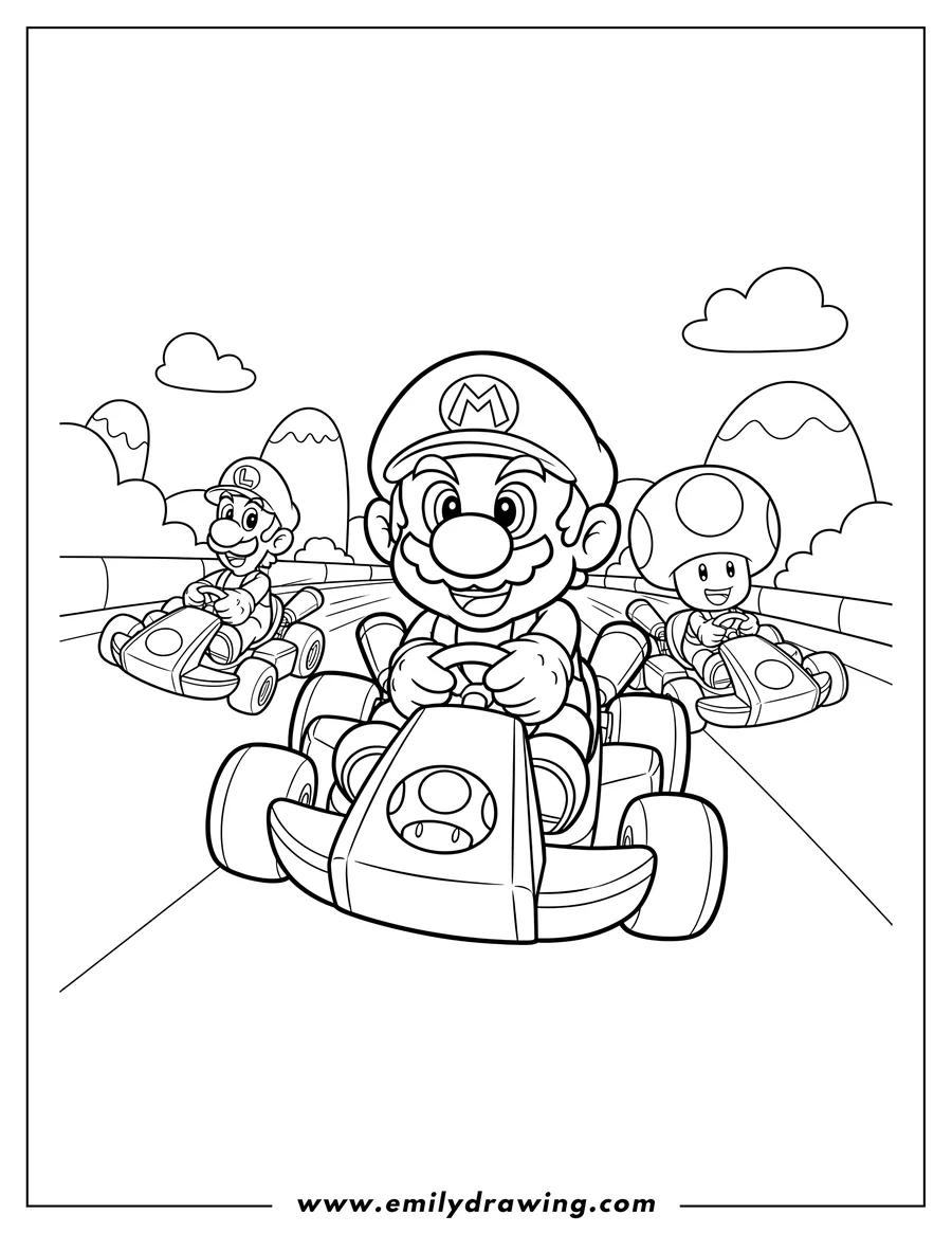 Outline drawing of mario, Luigi, and Toad racing karts from Mario Kart to color