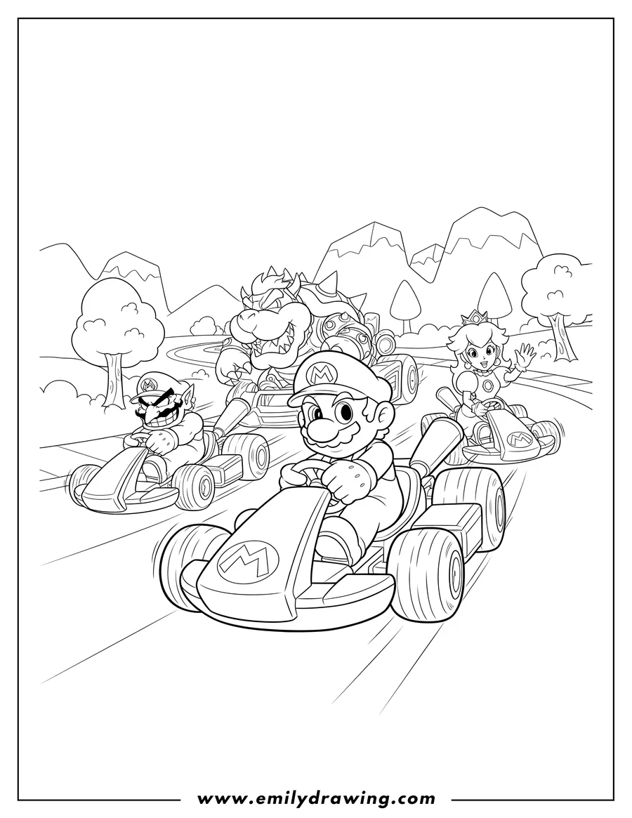 Coloring page of mario, Wario, Bowser, and Princess Peach racing in karts