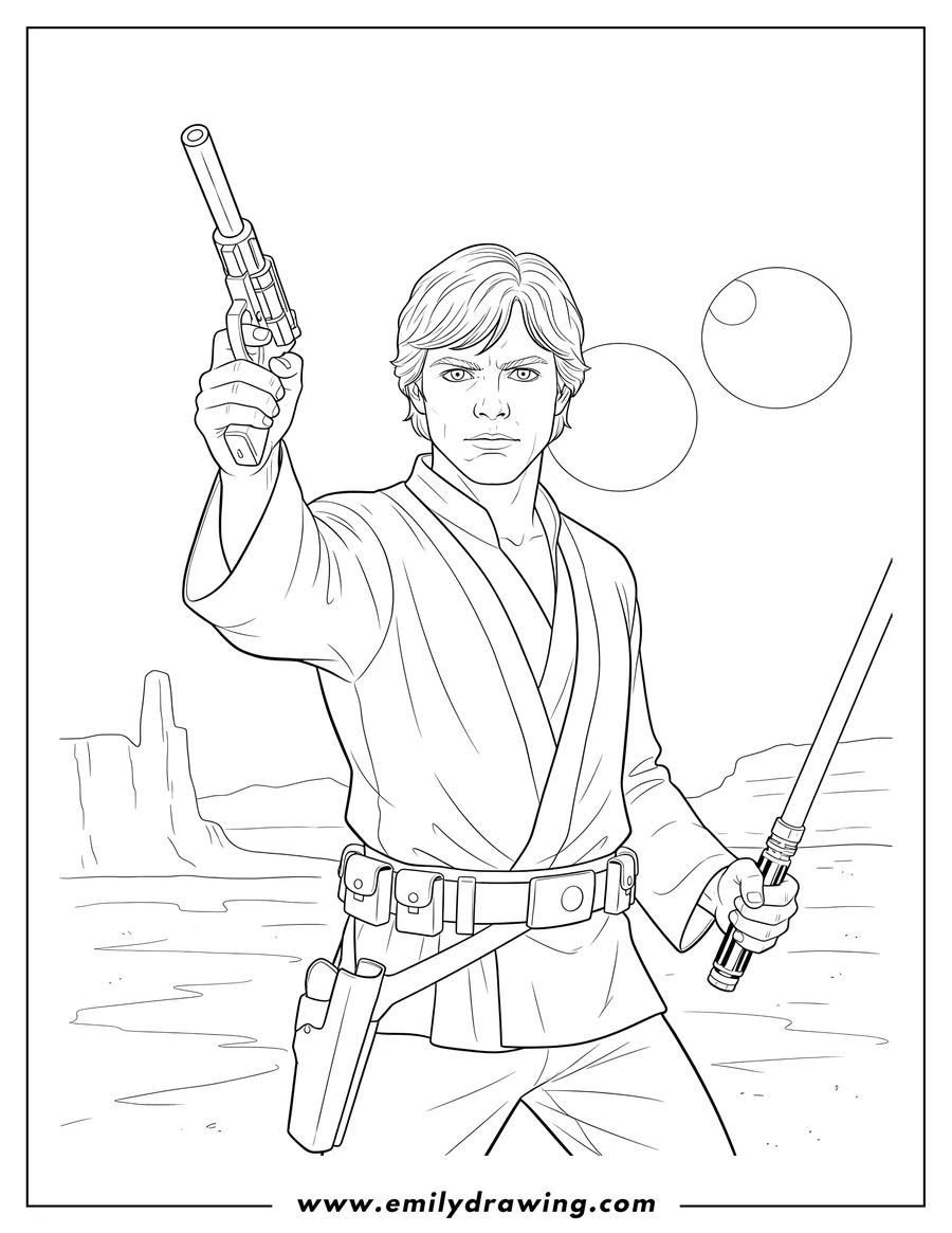 PDF style coloring page: mark Hamill As Luke Skywalker holding a raised blaster and a lightsaber hilt, looking forward