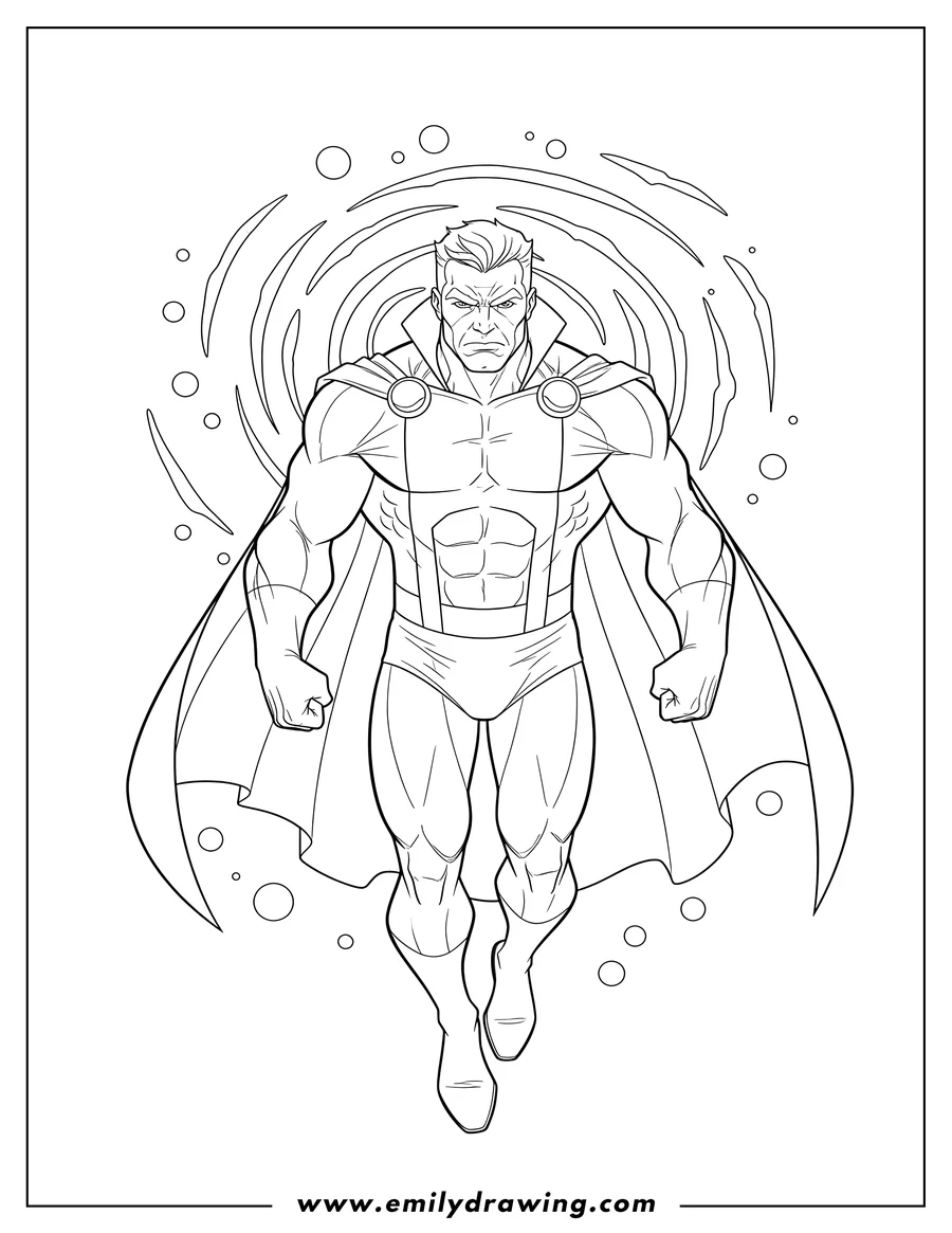 Coloring page for kids: martian Manhunter with a stern face, muscular physique, and flowing cape floating in a galaxy
