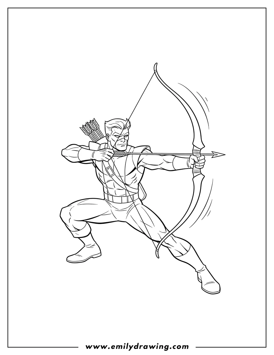Full page coloring image of marvel Avengers Hawkeye Shooting Arrow Air, crouching, bow fully drawn