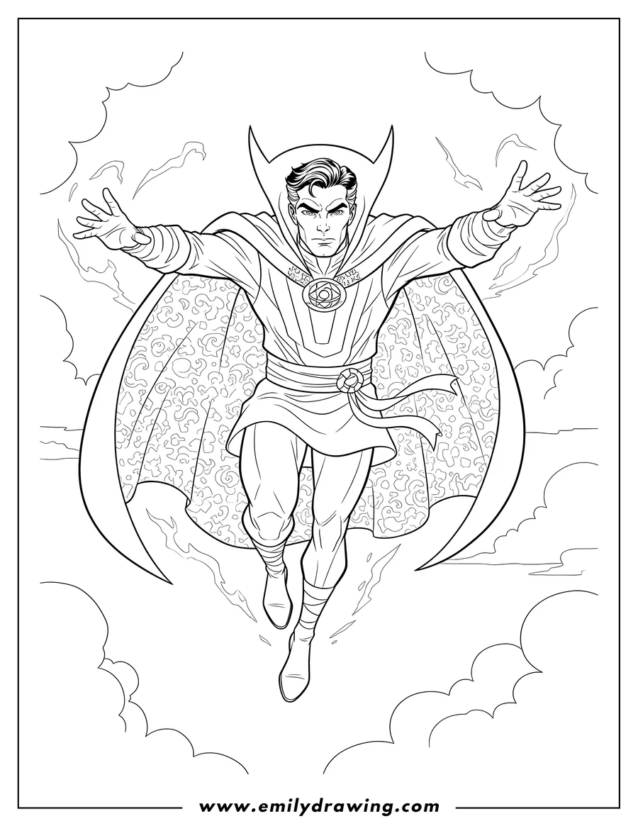 Coloring page for kids: marvel Comics Doctor Strange Air, flying with outstretched hands and a determined expression
