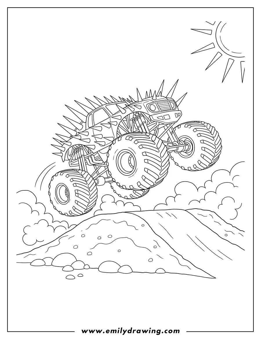 Outline drawing of max D monster truck with spikes jumping over a ramp