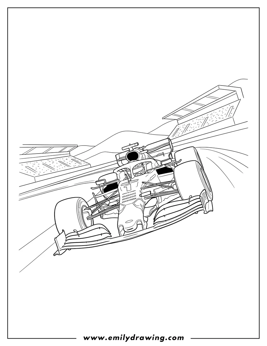 PDF style coloring page: F1 Red Bull Max Verstappen Race Car speeding on a track, tilted view