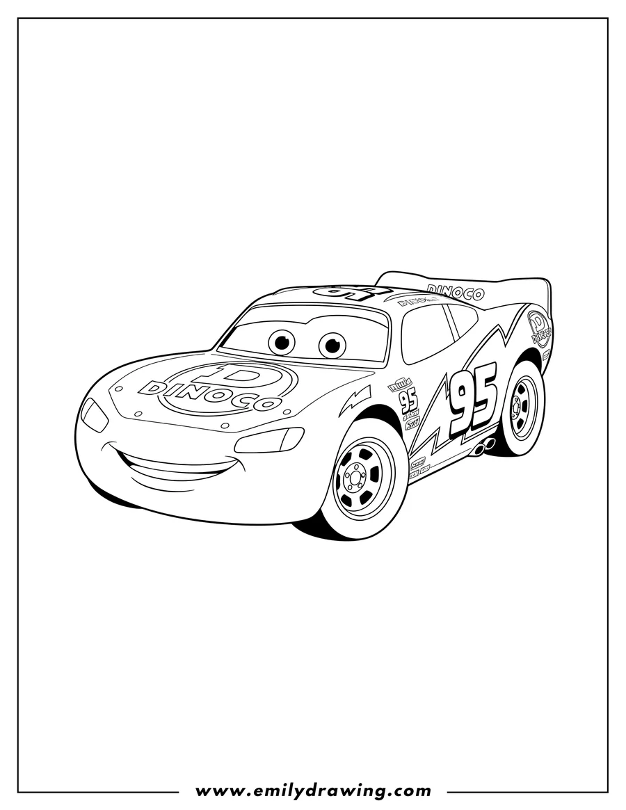 Full page coloring image of mcqueen With Dinoco Sponsor Scaled, with number 95 and cartoon eyes