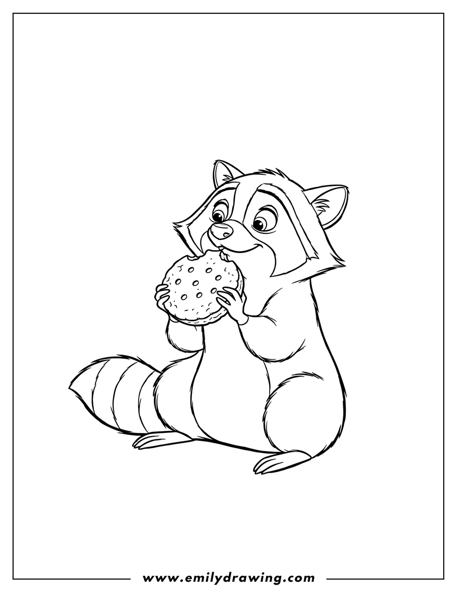 High quality printable meeko eating a biscuit, holding it and looking up for coloring