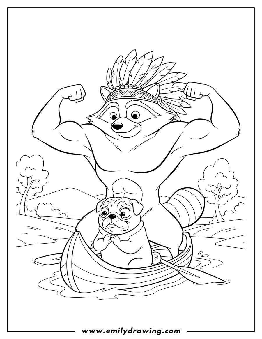 Vector style outline of meeko flexing in a headdress with worried Percy on a canoe