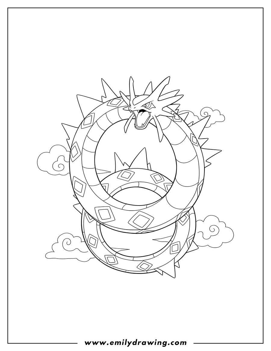 Downloadable coloring page of mega Rayquaza coiling fiercely