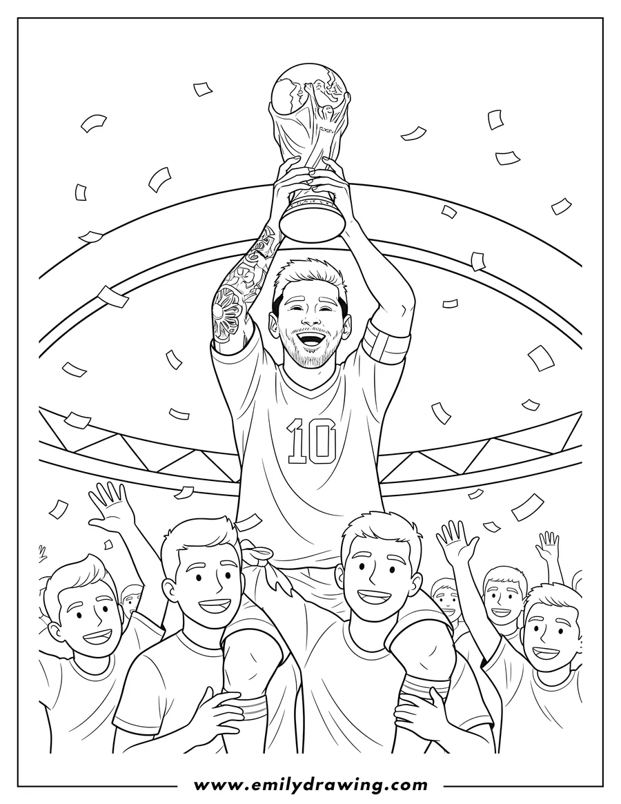 PDF style coloring page: lionel Messi joyfully raising the World Cup Trophy high while being carried on shoulders