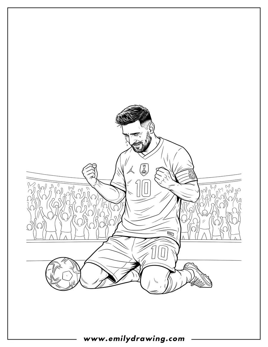 Outline drawing of lionel Messi on his knees, wearing number 10, celebrating with clenched fists and bowed head