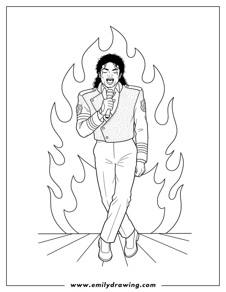 Doodle style coloring picture of michael Jackson Singing And Dancing On Stage With Fiery Background, wearing his iconic jacket, with his mouth open and one leg crossed