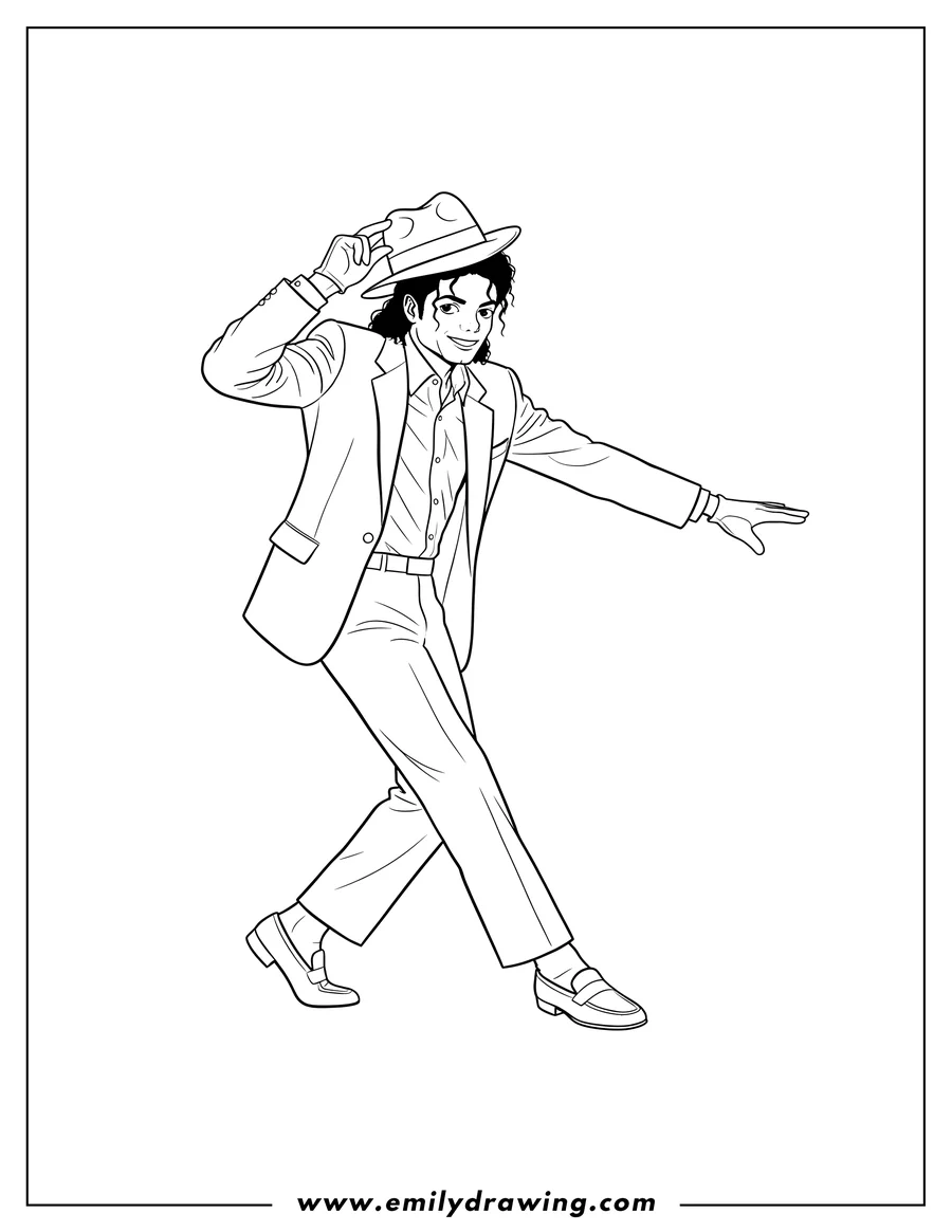 Coloring page of michael Jackson doing an iconic dance move, leaning forward, with one hand on his hat and his white-gloved arm extended