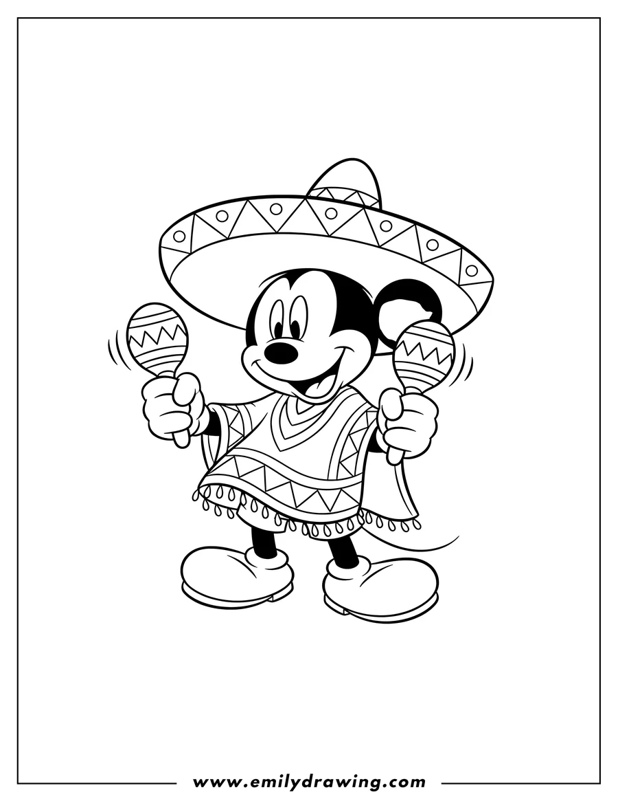 Coloring sheet featuring easy Mickey Mouse Wearing a Sombrero and Poncho, Smiling, and Playing Maracas