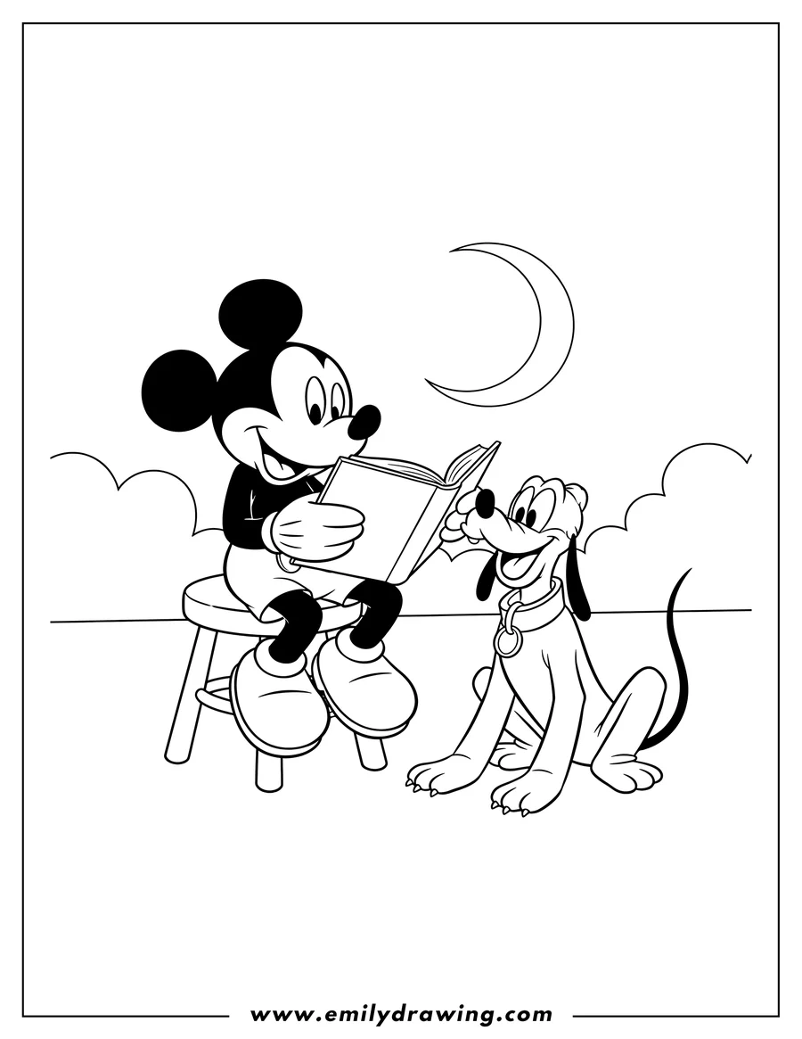 PDF style coloring page: mickey Mouse sitting and reading a book to Pluto, who is also sitting