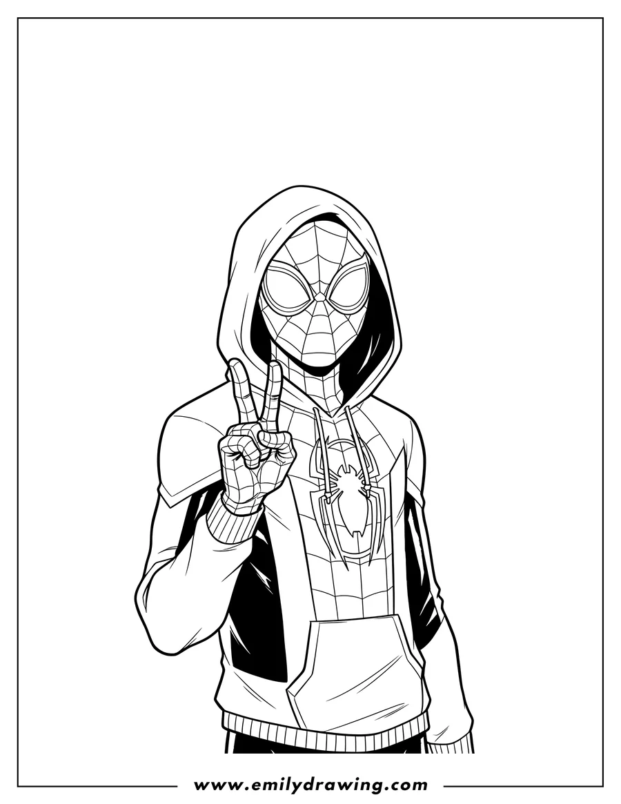 Linear illustration of miles Morales wearing a hoodie over his mask, doing a peace sign
