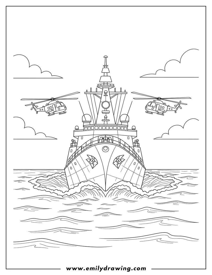 Coloring page for kids: military Warship sailing head-on in open sea, creating a bow wake, with two choppers flying alongside