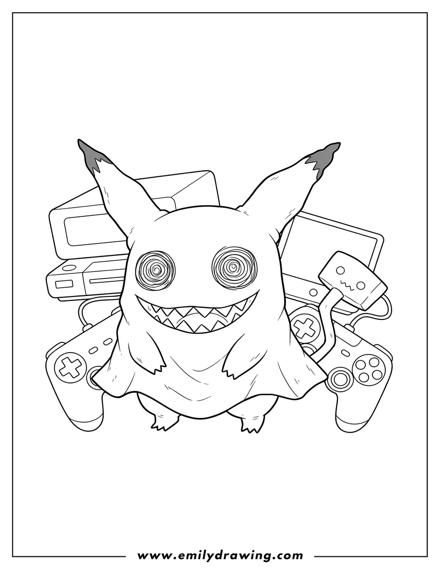 Simple sketch of mimikyu with scribbled eyes and jagged mouth, with gaming console background to color