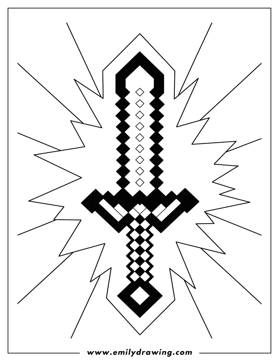 Doodle style coloring picture of minecraft Diamond Sword Scaled with light rays