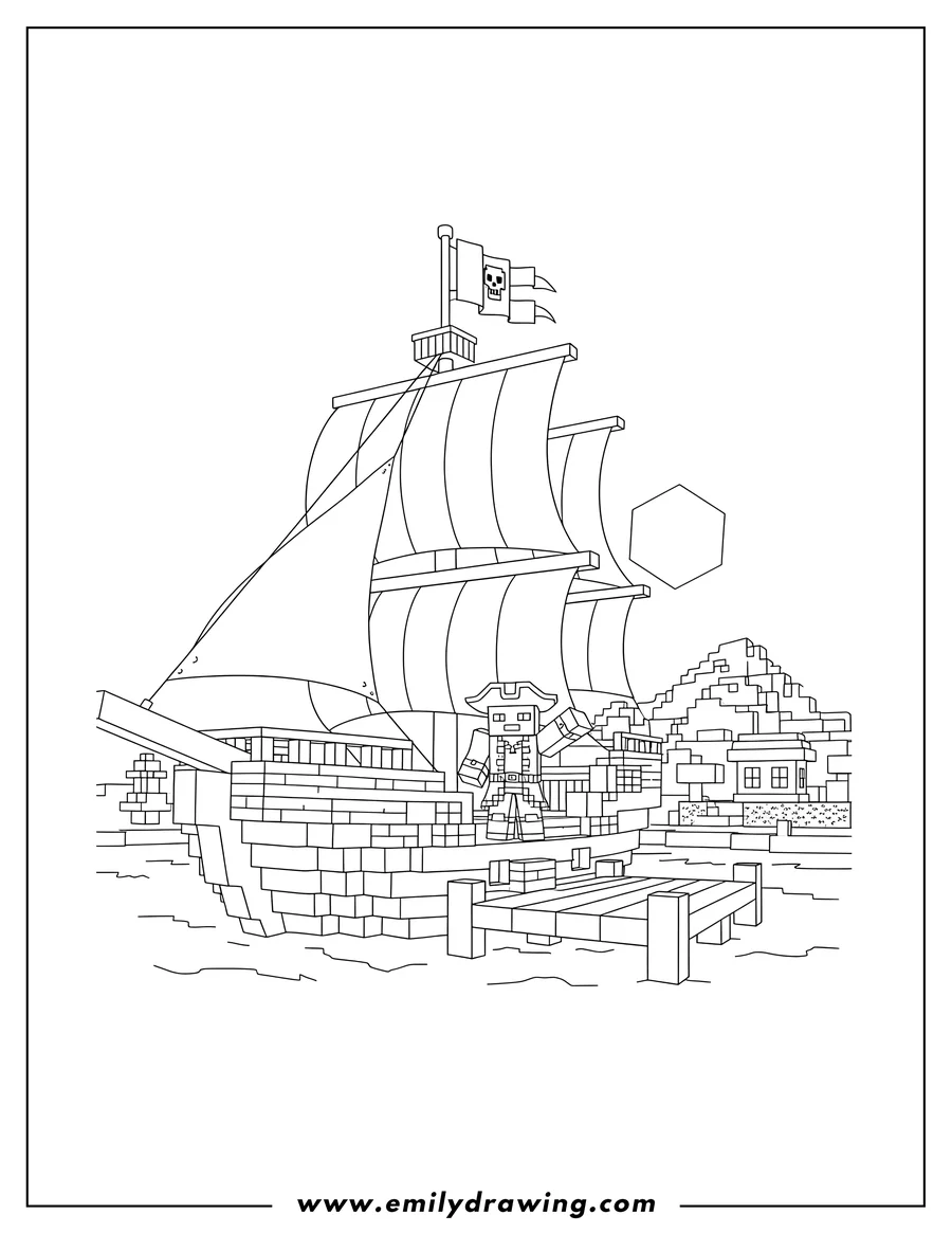 Black and white line art of minecraft Pirate Ship with a character on deck and pirate flag, docked at port