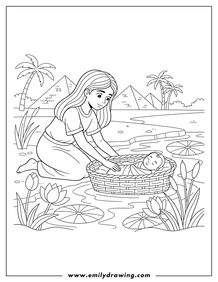 Printable coloring page of miriam kneeling and reaching for baby Moses in a basket on the River Nile