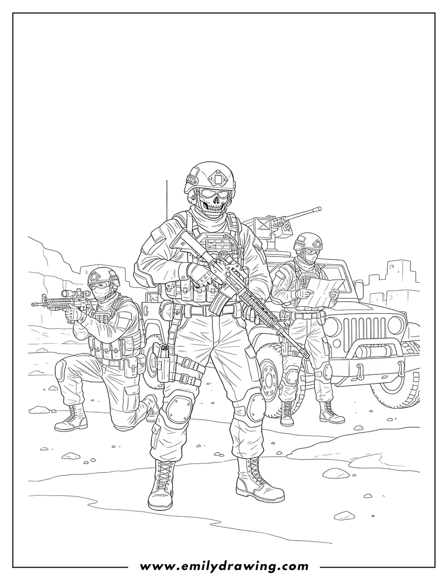 Coloring page of call Duty Modern Warfare 2, two armed soldiers, one with skull face mask, third soldier near jeep