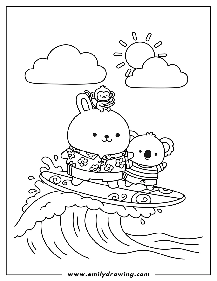 Coloring page for kids: molang And Piu Piu Surfing Preschoolers, with a tiny monkey on Molang's head and a little friend on the surfboard