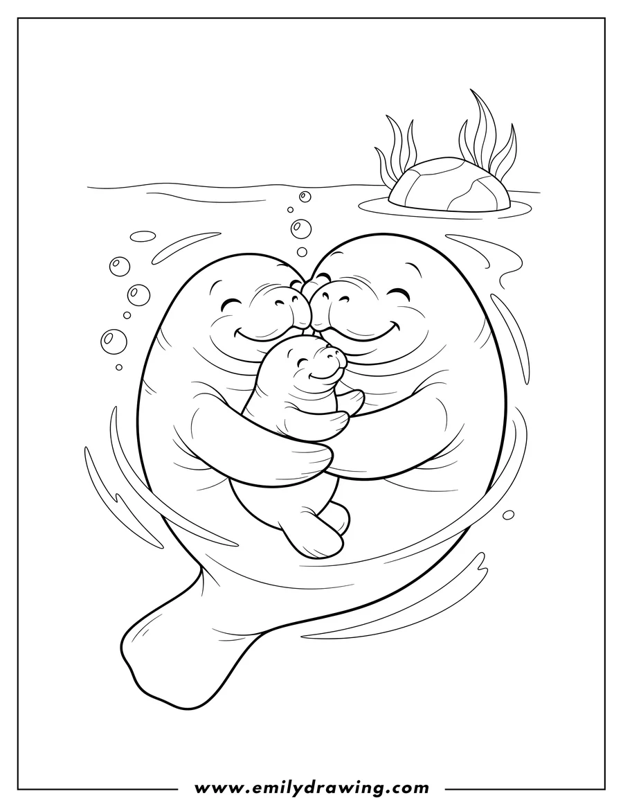 Linear illustration of mother Manatee Hugging Her Baby, both smiling and snuggling close