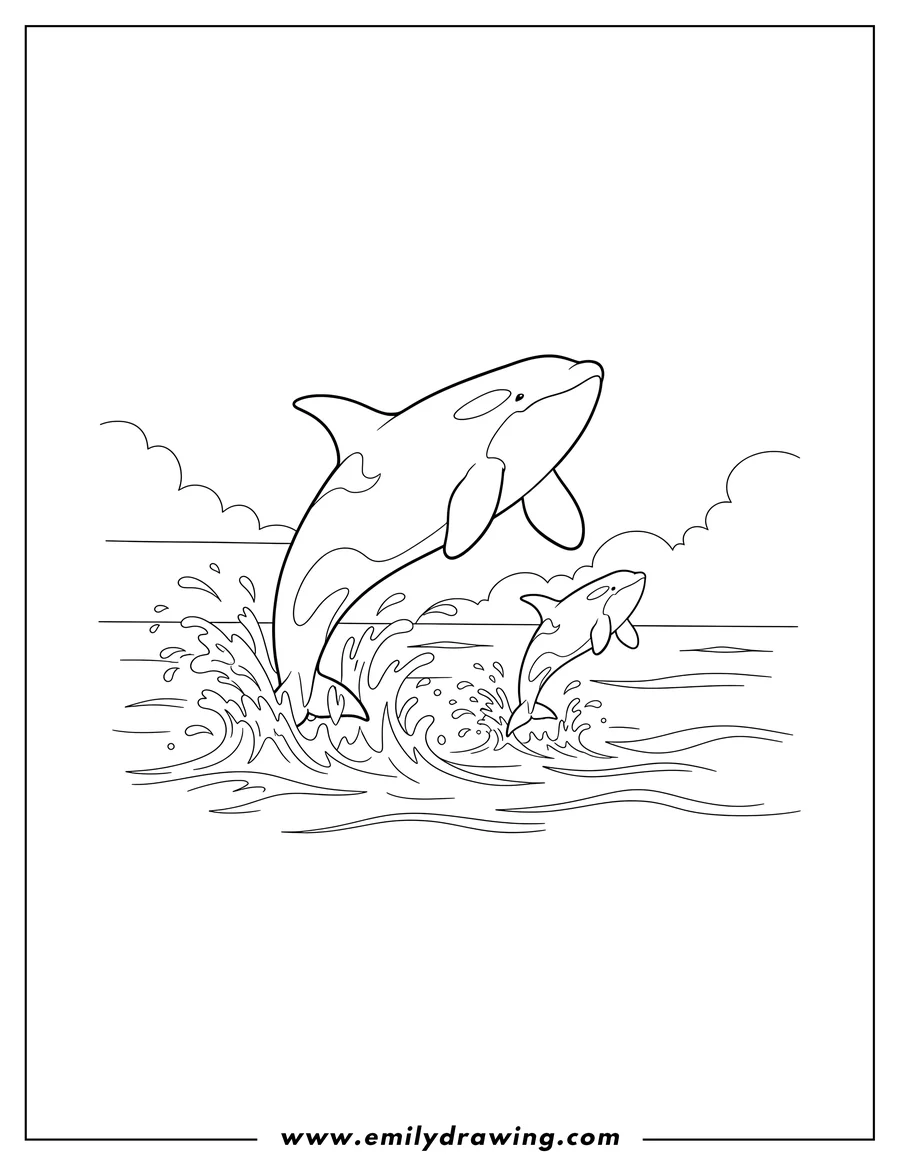 Downloadable coloring page of mother Orca jumping out of water with baby Orca beside her