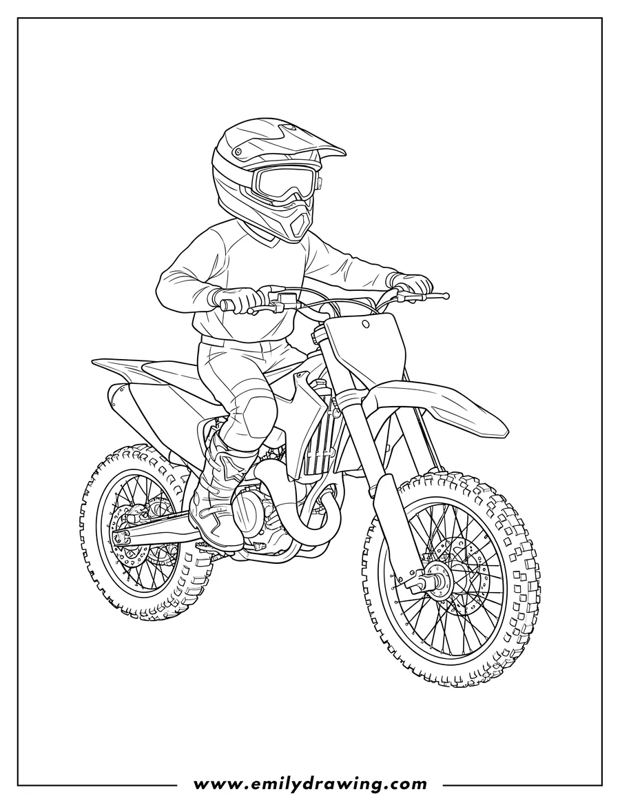 Vector style outline of motocross rider sitting on a Husqvarna dirt bike, wearing a helmet and goggles, holding the handlebars
