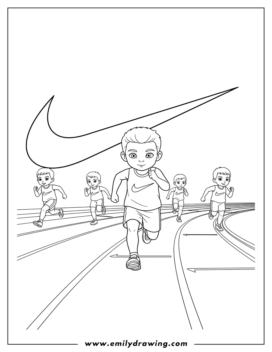 Simple sketch of multiple Nike Runners Sprinting On Track with a large Nike logo to color
